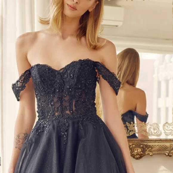 New long navy, royal, yellow, off the shoulder embroidered tulle ball gown dress - Picture 6 of 13